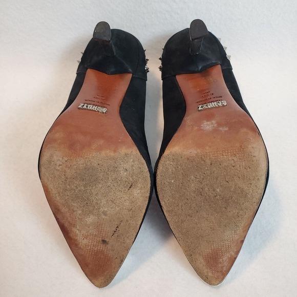 Schutz Black Leather Pointed Toe Slip On Silver Spikes and Stiletto Heel Sz 6.5B - Picture 6 of 8